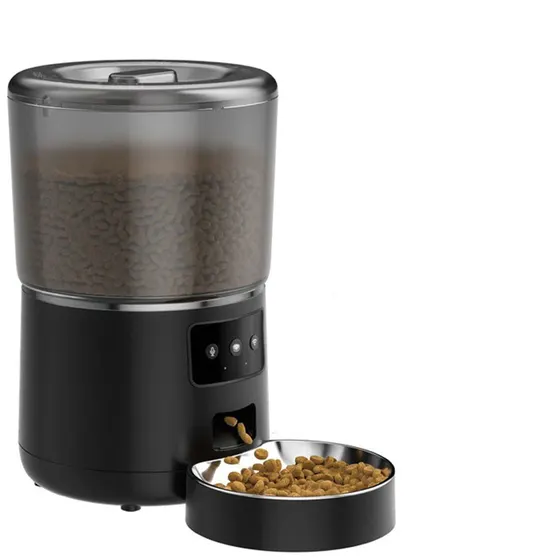 Automatic pet feeder with transparent food hopper and stainless steel bowl dispensing dry kibble