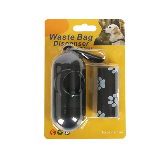 Retail blister packaging for a black dog waste bag dispenser with paw print refill roll.
