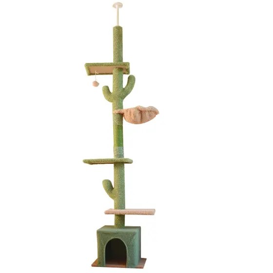 Tall green cat tree with cactus-shaped branches, platforms, a hammock, and a base cubby on a white background.