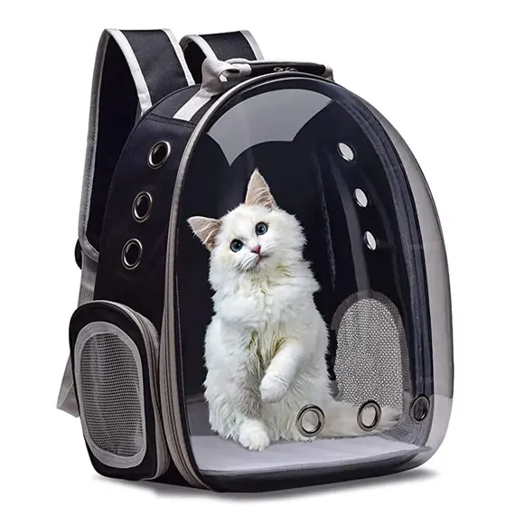 Black and grey pet backpack carrier with a transparent dome containing a white cat, isolated on a white background