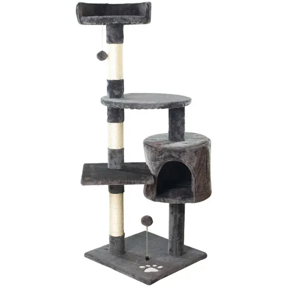 Tall grey cat tree with a covered bed, multiple platforms, scratching posts, and hanging toys.