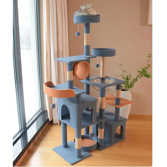 Tall blue and orange cat tree with multiple platforms and a scratching post, featuring a cat resting on top.