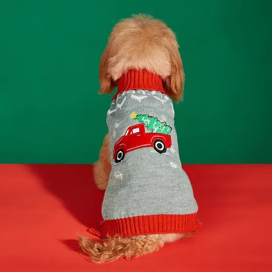Back view of a small dog wearing a grey Christmas sweater with a red truck and tree design.