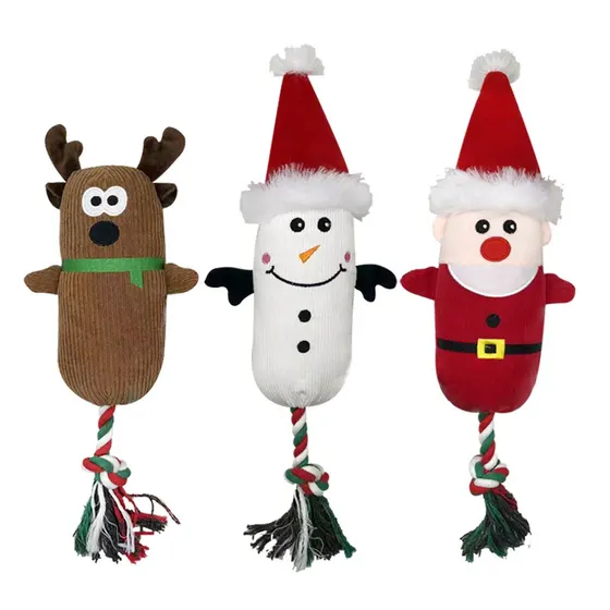 Three Christmas themed plush dog toys: reindeer, snowman, and Santa with rope tassels