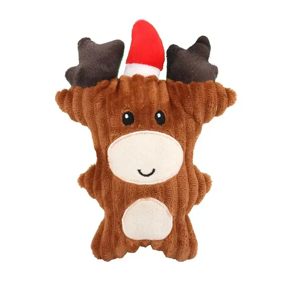 Brown plush mo toy wearing a red and white Santa hat against a white background.