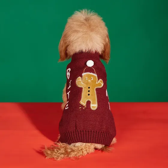 Back view of a small dog wearing a maroon sweater with a gingerbread man design on a green and red background.