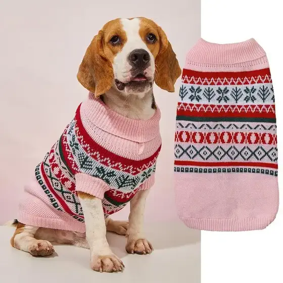 Pink knit dog sweater with Fair Isle pattern shown on a beagle and as a flat item