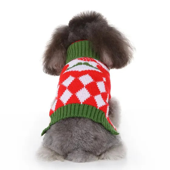 Rear view of a grey poodle wearing a red and white argyle knit sweater with green trim on a white background