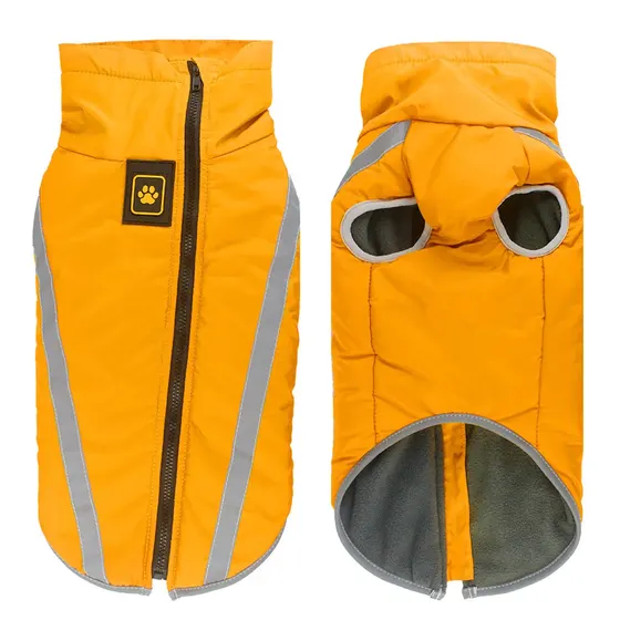 Front and back views of a yellow dog coat with a zipper, reflective strips, and a paw print logo.