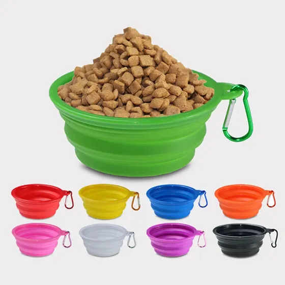 Green collapsible pet bowl filled with kibble with carabiner, alongside color variations