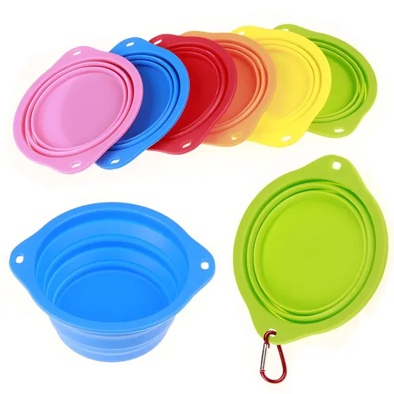 Collapsible silicone basins in various colors shown in folded and open states