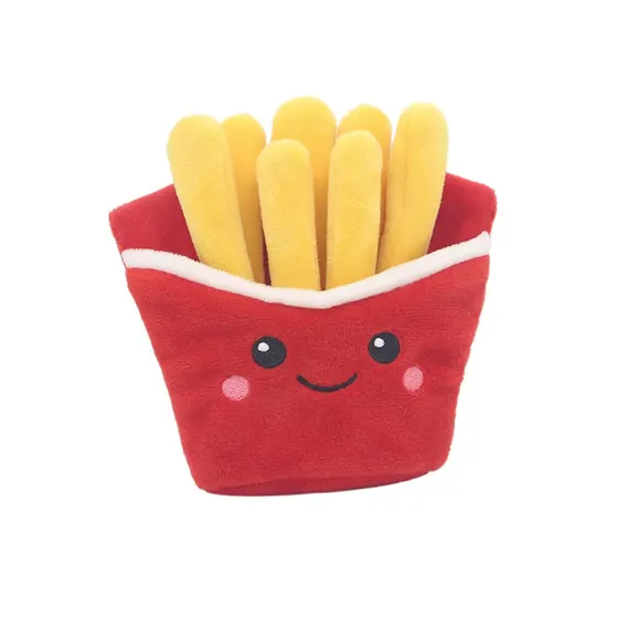 Plush toy french fries container with a cute embroidered smiley face on a red box