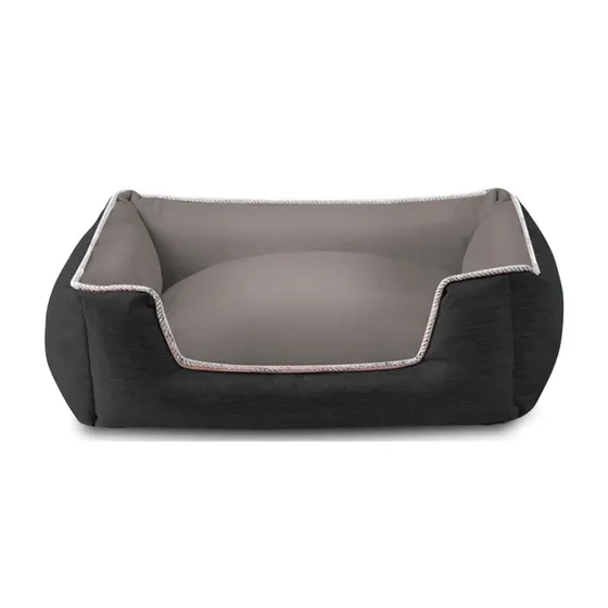 A dark gray and light gray rectangular pet bed with raised sides and a rope trim.