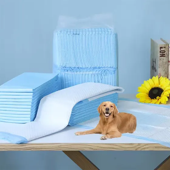 Stacks of blue pet training pads with one unfolded, featuring a golden retriever lying on the pad.