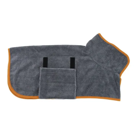 Gray microfiber pet drying towel with orange trim and pocket