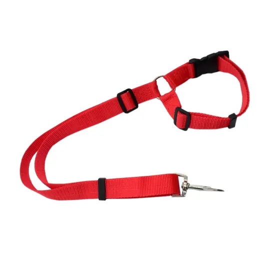 Red adjustable nylon dog harness with black buckles and metal leash clip on a white background