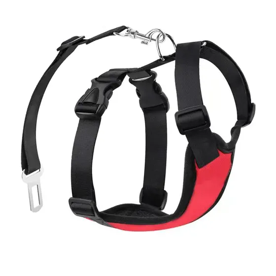 Black and red adjustable dog harness with seatbelt clip and metal snap hook