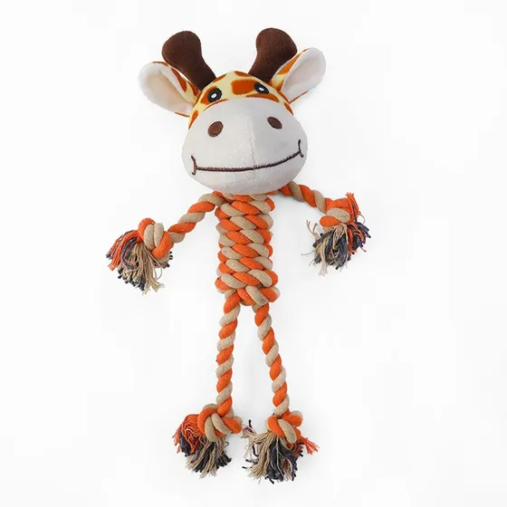 Plush giraffe head attached to a braided cotton rope tug toy with frayed ends