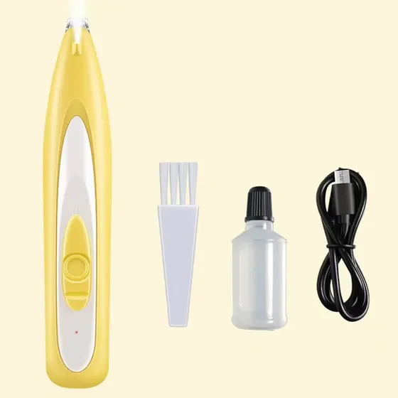 Yellow handheld electric device shown with white cleaning brush, oil bottle, and black USB charging cable.
