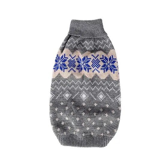 Grey knitted sweater with blue snowflake pattern on a white background
