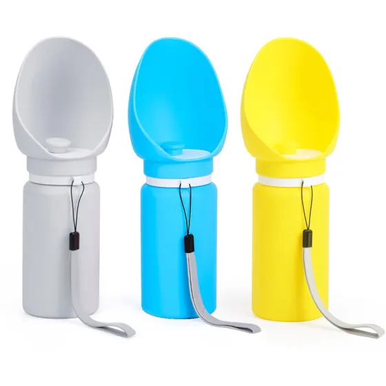 Three portable pet water bottles in gray, blue, and yellow with carrying straps.