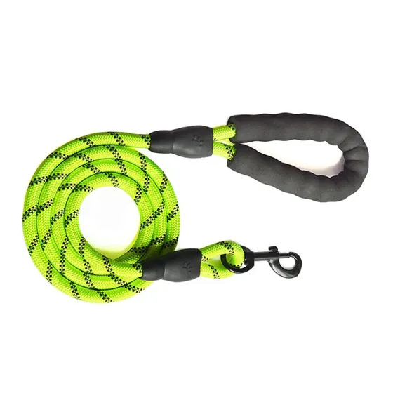 Coiled neon green dog leash with black reflective accents, foam handle, and metal clip