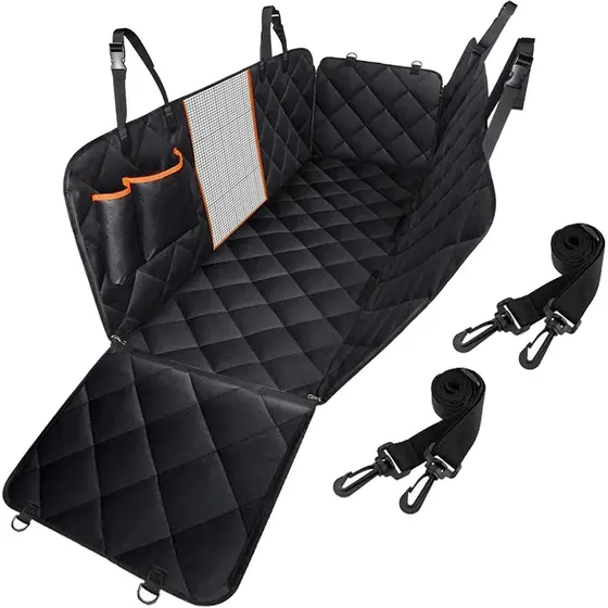 Black quilted dog car seat cover with mesh window, storage pockets, and included safety straps