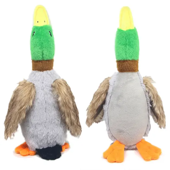 Front and back view of a plush toy duck with a green head and grey body on a white background.