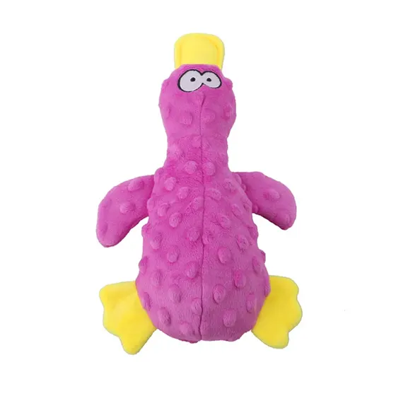 Pink plush toy with textured bumps and yellow beak and feet on a white background