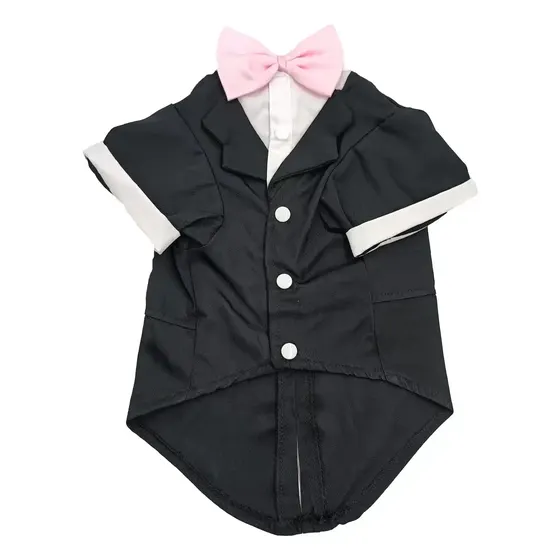 A black pet tuxedo shirt with white cuffs, white buttons, and a pink bow tie.