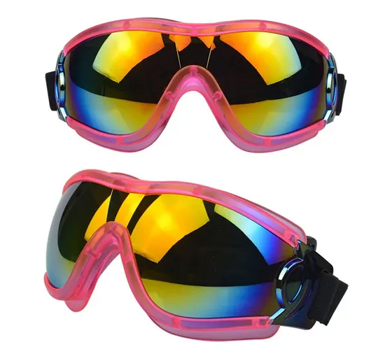 Pink framed ski goggles with rainbow reflective lenses shown in front and angled views on a white background