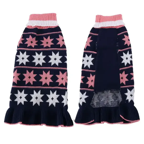 Front and back view of a navy blue knitted dog sweater with pink and white star patterns and a ruffled hem.
