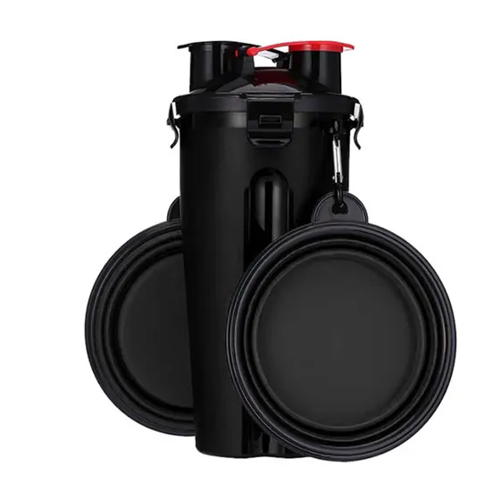 A black collapsible pitcher with a red lid and two black collapsible bowls.
