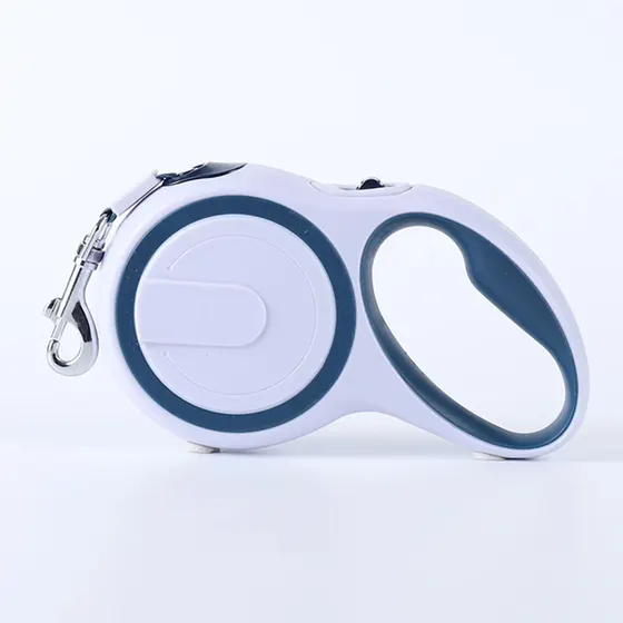 White and blue plastic retractable dog leash with metal clip