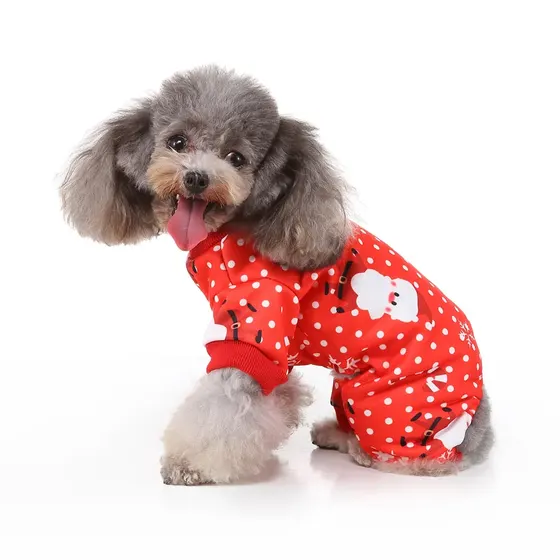 A grey poodle wearing a red and white polka dot jumpsuit with a Santa Claus design.