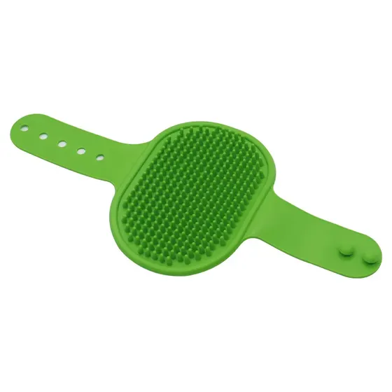 Green silicone scrub brush with adjustable strap and textured surface