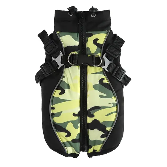 Front view of a black and camouflage dog life jacket with a central zipper, side buckles, and metal D-rings