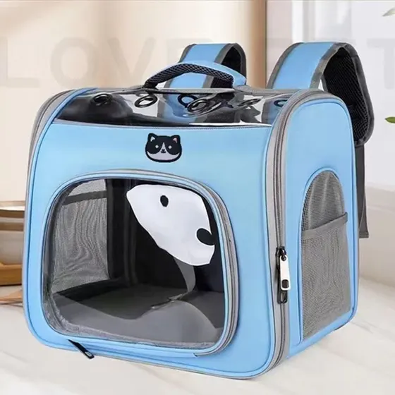 Light blue pet carrier backpack with mesh windows and a clear bubble dome.