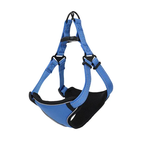 Blue pet harness with black mesh chest plate and adjustable straps on a white background.
