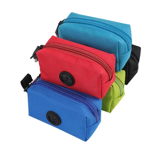 A stack of small, colorful zippered fabric pouches in blue, red, teal, green, and black on a white background.