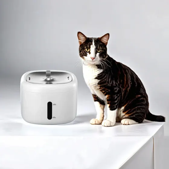 A tabby cat sitting next to a white automatic pet feeder on a white surface.