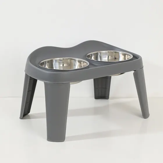 Grey elevated plastic pet bowl stand with two stainless steel bowls