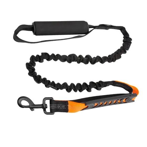 Black and orange dog leash with padded handle and bungee shock absorber section