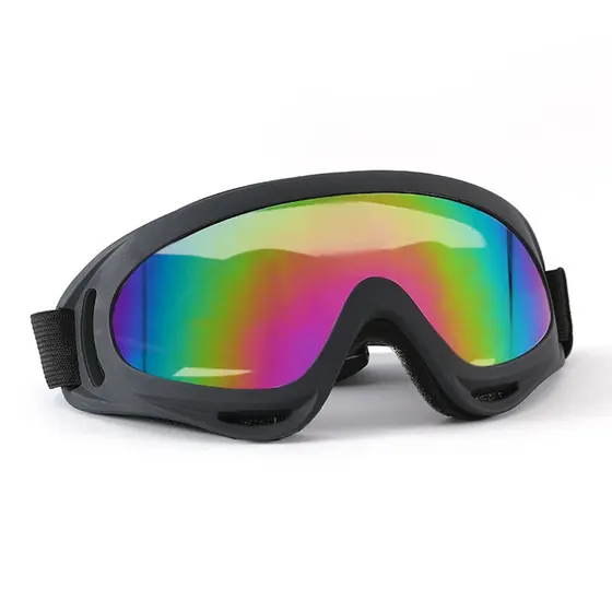 Safety goggles with a black frame and iridescent rainbow lens on a white background