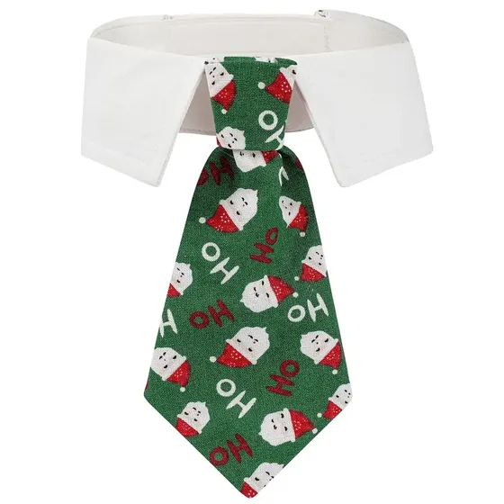 Green necktie featuring a pattern of cartoon Santa Claus faces and Ho Ho Ho text, displayed on a white shirt collar.