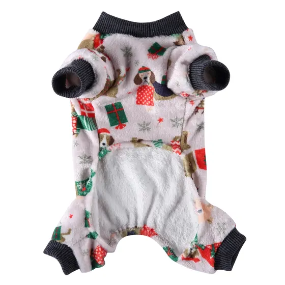 Fuzzy dog sweater with Christmas pattern of reindeer and gifts, featuring dark ribbed cuffs and collar