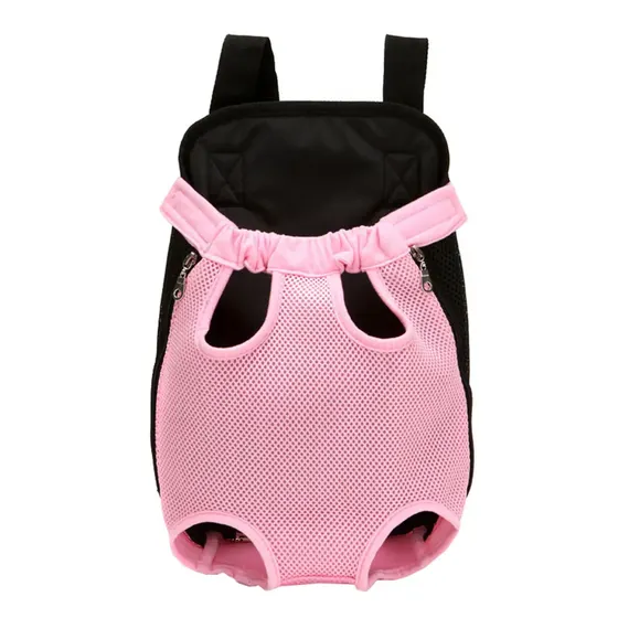 Pink mesh pet carrier backpack with black straps and side zippers on a white background