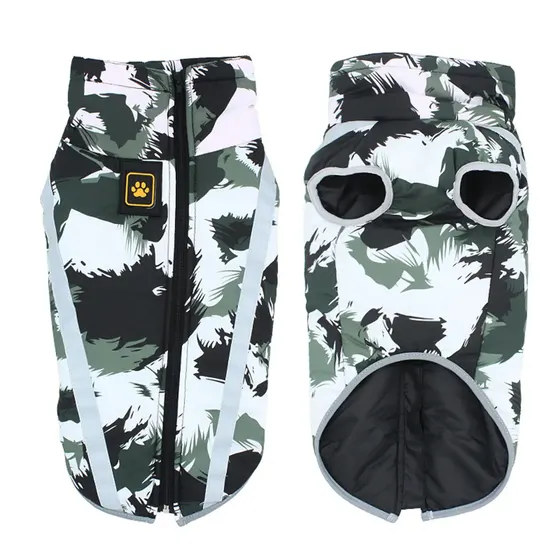 Front and back view of a green and white camouflage patterned dog coat