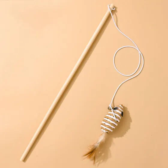 Wooden wand cat toy with a string attached to a striped, feathered mouse