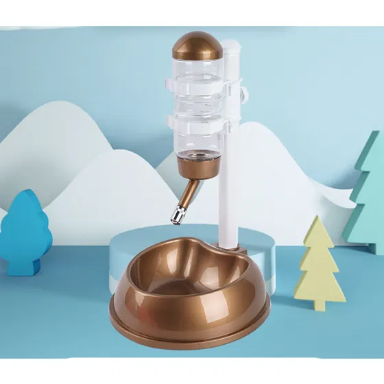 A bronze pet water dispenser with a clear bottle mounted on a white stand, sitting on a blue pedestal.